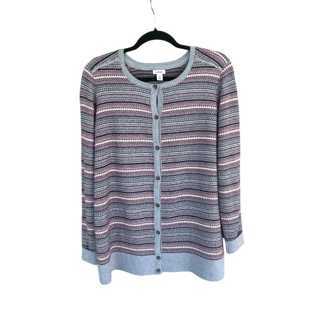 L.L.Bean Fair Isle Cardigan XL Cotton Cashmere Button Knit Cozy Women Sweater